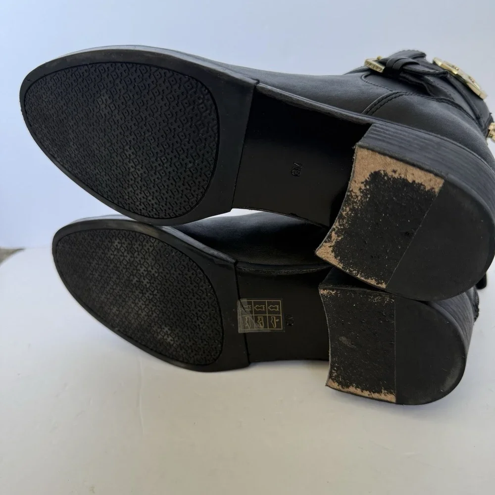 Tory Burch Sidney Women's Size 6M Leather Ankle Booties Black Gold Logo Harness